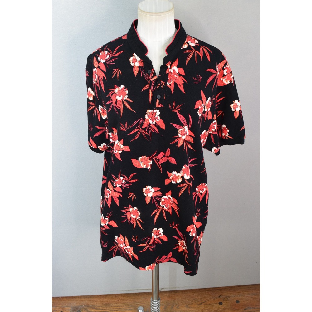 The Kooples Sport Polo Shirt Medium Black Red Floral Hibiscus Mandarin Mens Top